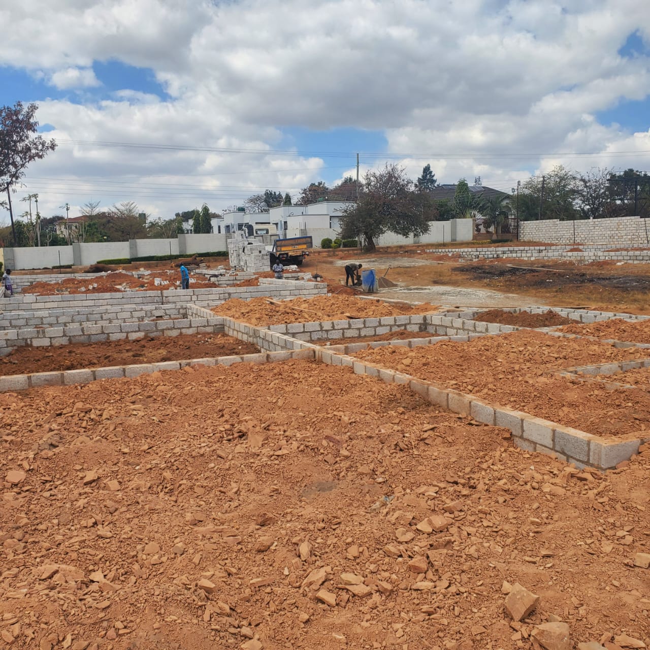 Foundation blockwork forming the room layout of semi-detached flats